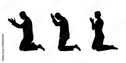 Religious Men Kneeling in Prayer and Humble Devotion Silhouettes