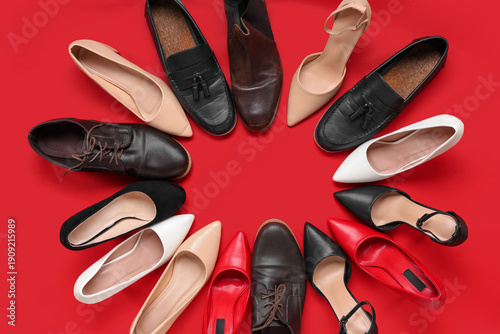 Photos Frame made of shoes on red background. Top view