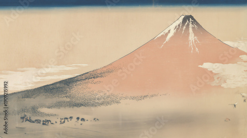 浮世絵風で描かれた日本の富士山イラスト