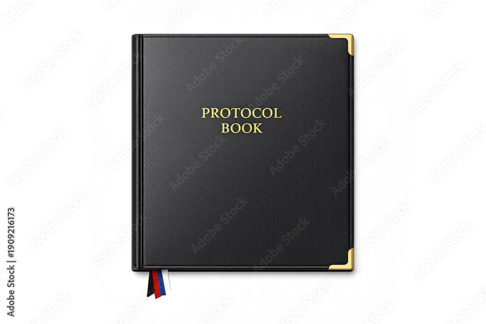 Fototapeta premium Elegant black protocol book with gold accents and ribbon bookmarks