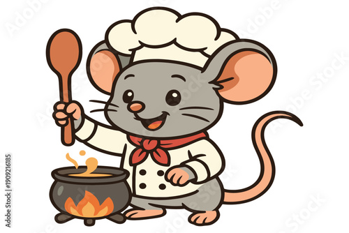 A cheerful mouse chef stirring a pot with a wooden spoon in a cozy kitchen setting.