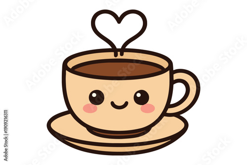 A cute cartoon coffee cup with a heart-shaped steam and happy facial expression