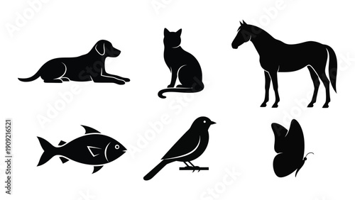 A collection of silhouettes featuring various animals in different poses. isolated on white background, Vector