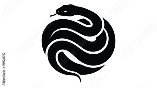 A stylized black and white illustration of a snake coiled in a circular formation isolated on white background, Vector