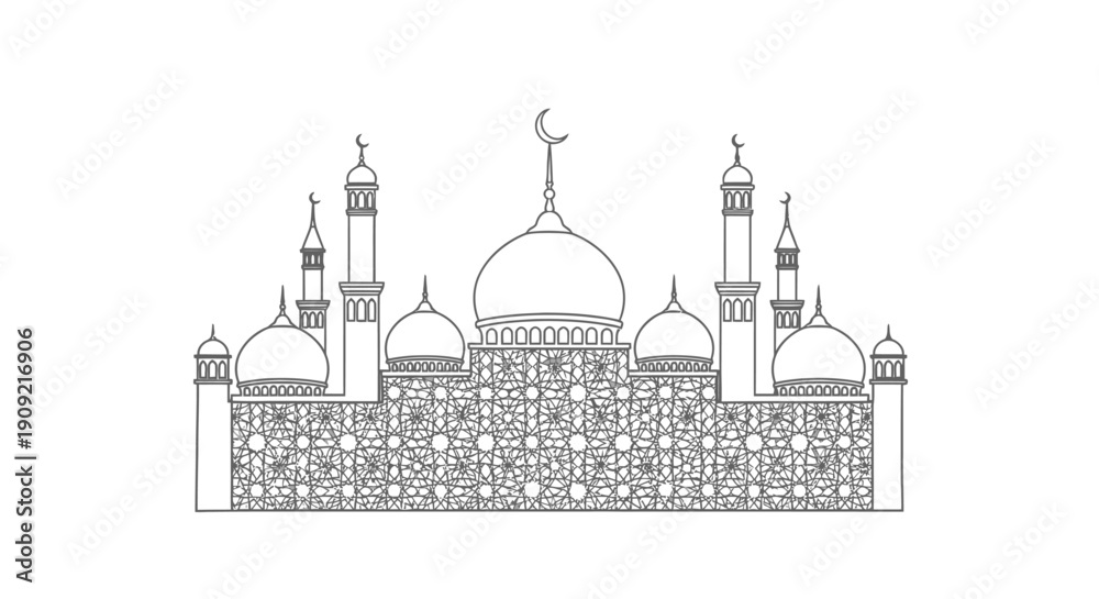 Obraz premium Intricate line drawing of a mosque with multiple domes and minarets.