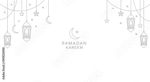 Minimalist Ramadan Kareem greeting card with hanging lanterns and crescent moon design.
