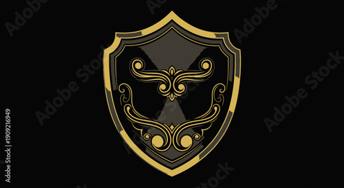 Elegant golden and black heraldic shield with ornate floral design and central star symbol.