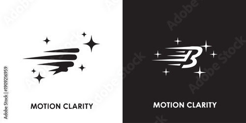 A dynamic logo design featuring a stylized, fast-moving letter "B" with motion trails and sparkles. Presented in high-contrast black and white versions with the text "MOTION CLARITY."