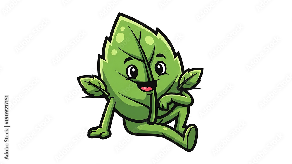 Obraz premium Cute cartoon green leaf character running isolated on a transparent background