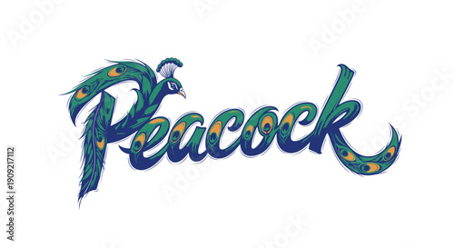 Artistic illustration of the word peacock with feather and eye details.
