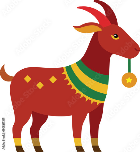 Red goat with christmas decorations isolated on transparent background, Vector, illustration