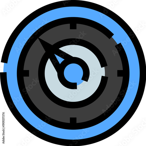 Round colored icon representing a gauge or meter with a needle pointing to a value, symbolizing measurement, performance, speed, and efficiency in various applications