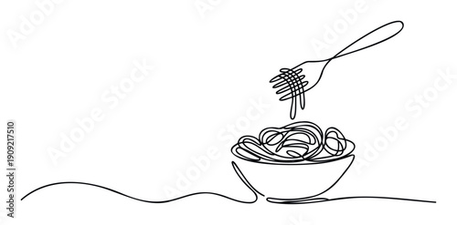 Simple continuous line drawing of a fork twirling delicious spaghetti from a bowl, perfect for food blogs, restaurant menus, or culinary promotions.