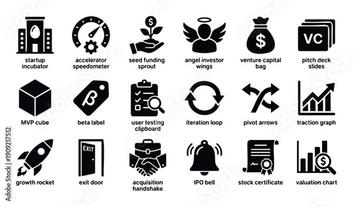 Vector icons for startup business lifecycle stages from incubation and funding to growth and exit, useful for presentations and entrepreneurial documentation