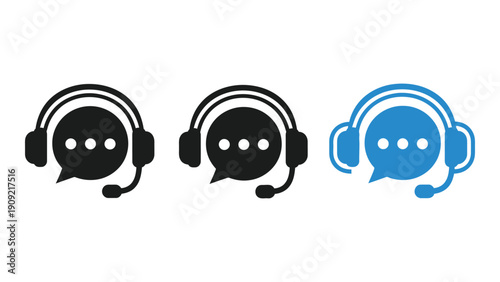 Three stylized headset icons in black and blue colors on a white background isolated on white background, Vector
