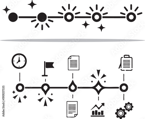 A minimalist black and white vector featuring two horizontal timeline infographics with icons for time, milestones, data, and processes, ideal for business presentations and project tracking.