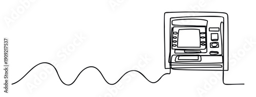 Modern minimalist single line drawing of an automated teller machine symbolizing digital finance and seamless transactions useful for banking industry advertisements or fintech presentations