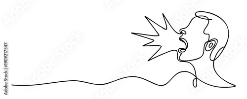 Dynamic one line drawing depicting a human profile screaming loudly, expressing strong emotion or communication, ideal for media, mental health, or sound related presentations