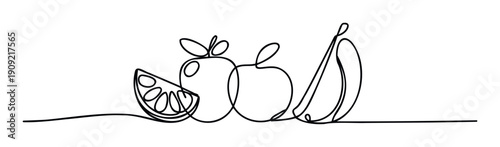 A seamless one line drawing depicting fresh fruits like a zesty citrus slice, a round apple, and a curved banana, ideal for healthfocused marketing and kitchen aesthetics.