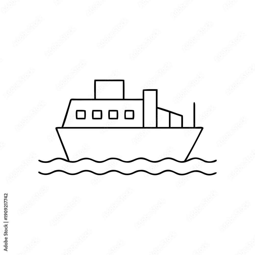 Fototapeta premium A simple line art illustration of a cargo ship sailing on wavy waters on transparent background