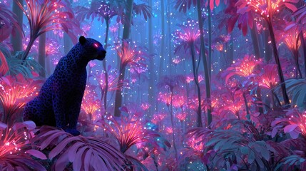 Papier peint photo Prune Enchanted fantasy forest with glowing pink flowers and blue bioluminescent trees 3d illustration representing mystery and dream world  © Tilak