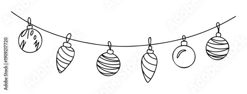 Hand drawn black outline garland with assorted Christmas tree ornaments suitable for creating cheerful seasonal decorations and printable holiday materials.