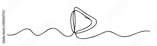 Minimalist continuous line drawing depicting an abstract sailboat or play button icon above wavy lines, perfect for modern graphic design and digital media applications requiring a simple