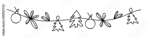 Minimalist black outline Christmas string decoration featuring round baubles and evergreen trees suitable for festive invitation frames and seasonal event borders