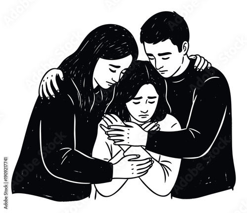 Caring adults offer comforting embrace to a sad young woman experiencing emotional distress and anxiety, suitable for mental health awareness campaigns and support group promotions.