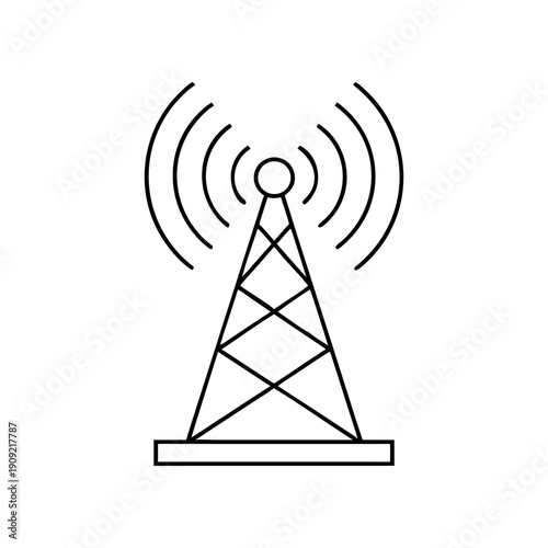 A minimalist line art illustration of a radio tower emitting signals on transparent background