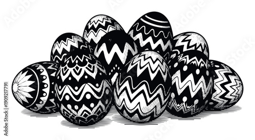 Decorative Easter eggs featuring intricate black and white designs celebrating spring holidays and cultural traditions perfect for festive seasonal greetings and unique graphic projects