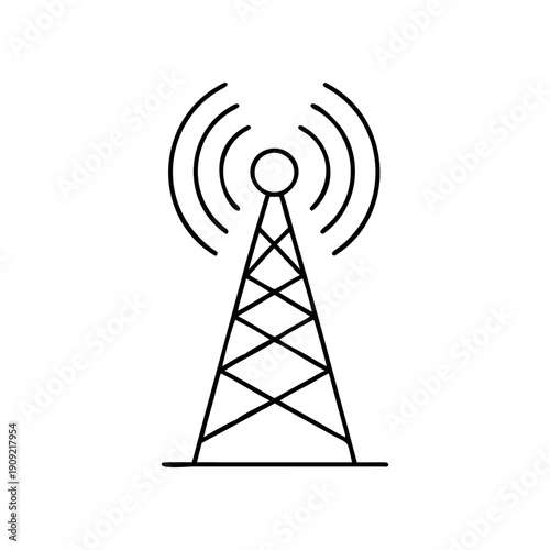 A minimalist illustration of a radio tower with signal waves on transparent background