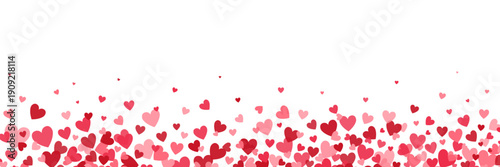 Heart long bg. Valentines Day banner for greeting cards, gift packages. Bright hearts confetti falling on white background. Celebration party frame. Wedding design. Vector illustration