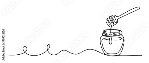 Minimalist continuous line drawing of a honey dipper serving golden sweet honey from a glass jar, perfect for food packaging, wellness product branding, or culinary website graphics.