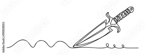 Elegant sharp dagger or short sword rendered in a minimalist single continuous line drawing style, perfect as a powerful graphic symbol for various print and digital applications.