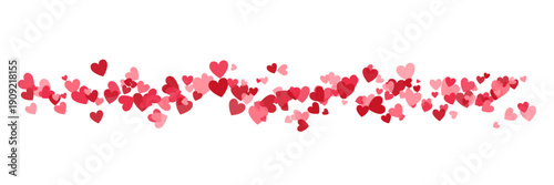 Heart wave bg. Valentines Day long banner for greeting cards, gift packages. Wedding design. Bright hearts confetti falling on white background. Celebration party frame. Vector illustration