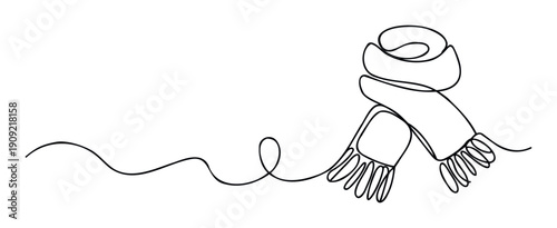 A minimalist continuous line drawing depicting a cozy winter scarf with fringed ends, perfect for seasonal greetings, fashionrelated promotions, or clean graphic design projects.