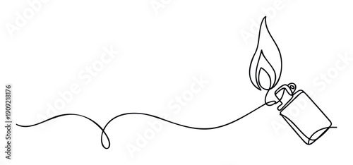 Simple continuous line drawing of a burning lighter with a flowing abstract line, suitable for modern graphic projects and minimalist branding presentations