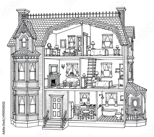 Intricate black and white line drawing depicting a charming multistory Victorian dollhouse cross section, perfect for childrens educational content or coloring activities.