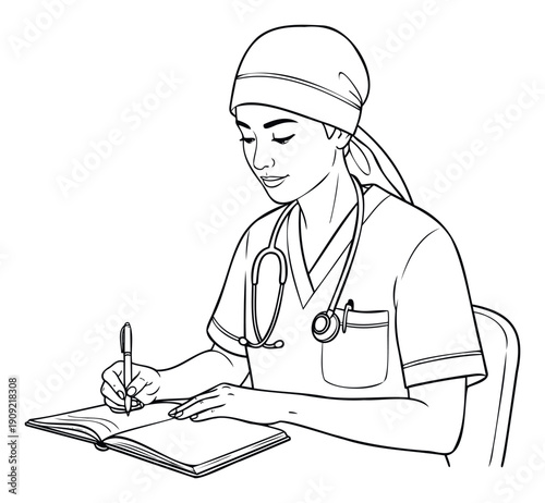 Asian female healthcare professional diligently records important medical notes in an open journal with a pen, wearing a scrub cap and stethoscope for healthcare education and industry