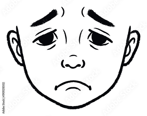 Simple black and white drawing of a childs face expressing sadness or disappointment, suitable for projects exploring emotional states or childhood difficulties.