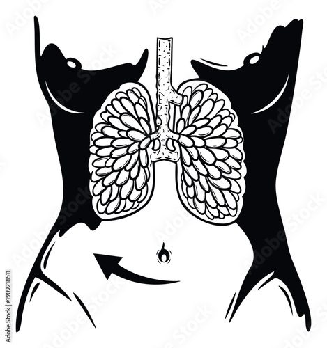Human torso with detailed respiratory system showing lungs and trachea, and an arrow indicating core movement, suitable for fitness and health education materials.