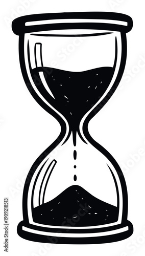 Stylized black and white hourglass measuring the passage of time, perfect for educational content, business presentations, and conceptual projects about deadlines or history.