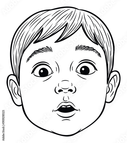 A black line drawing of a babys face with wide eyes and an open mouth expressing surprise or shock, suitable for educational materials, childrens books, or emotional expression graphics.