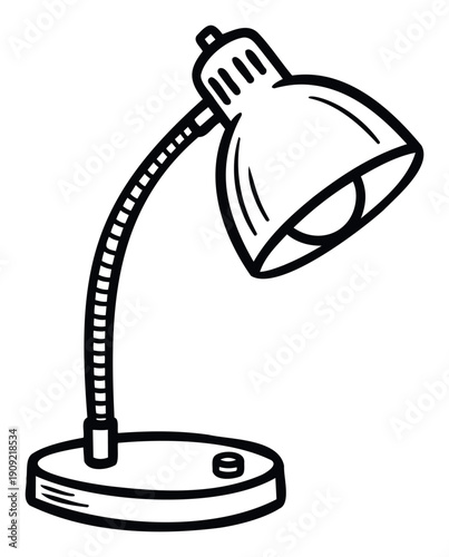 A simple black and white line drawing depicting a flexible desk lamp with a round base and an enclosed light bulb for educational content, office supply graphics, or basic design elements.