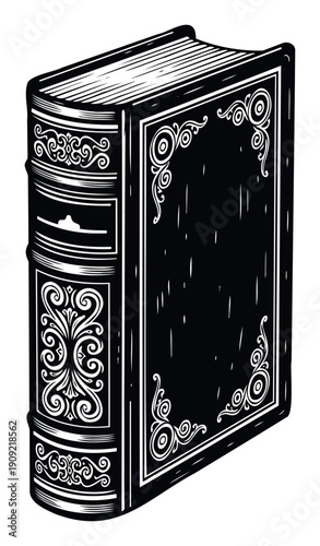 A classic old scholarly book with an ornate decorative cover and spine in a vintage graphic black and white style, perfect for historical education materials, literary themed projects, or