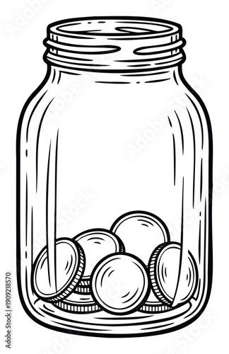Classic handdrawn glass jar filled with coins for financial savings and investment planning or economic budgeting and future wealth accumulation concepts