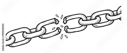 Bold black and white line drawing of a robust chain with one link visibly shattered, powerfully symbolizing freedom, rupture, or overcoming significant challenges for various conceptual