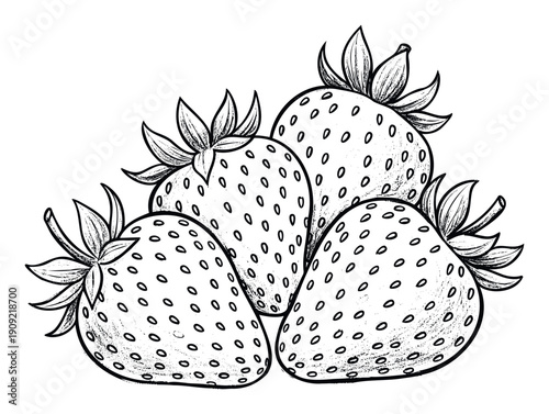 Delicious fresh garden strawberries depicted in a classic hand drawn black and white sketch style, perfect for food packaging, recipe books, or healthy eating promotions.