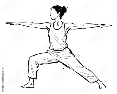 Dynamic woman practicing yoga in a powerful Warrior II pose, perfect for fitness applications, wellness content, and studio branding materials.